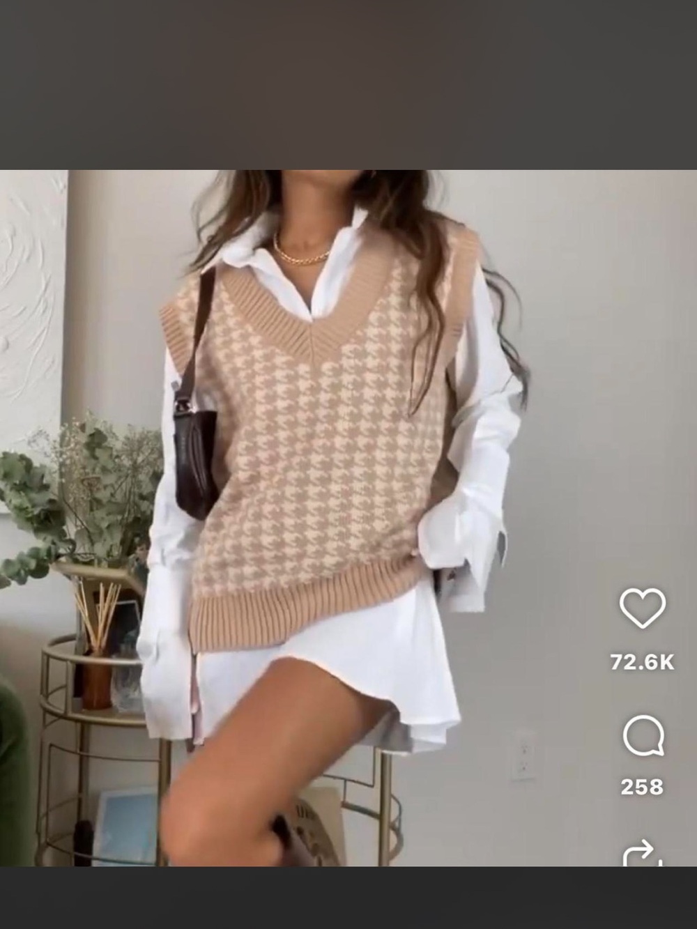 Beige Houndstooth V-Neck Sweater Vest